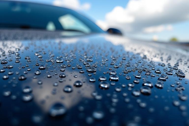 セラミックコーティングにより水滴が球状になったSUVのボンネット